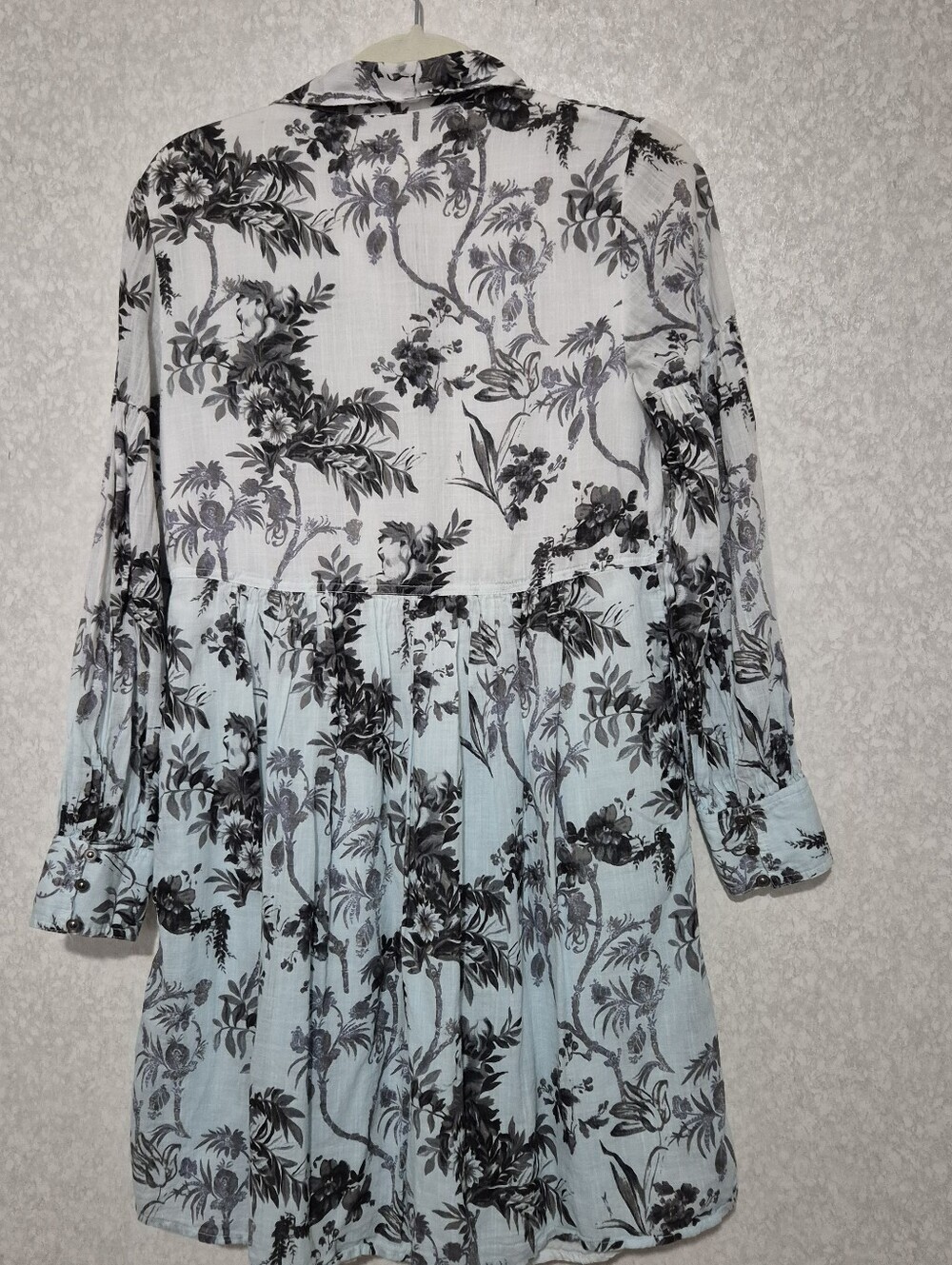 Anthropologie Pale Blue and White Black Floral Embroidery Tiered Shirt Dress-0 - Picture 9 of 13